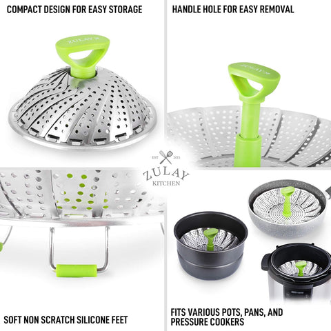 Zulay Adjustable Vegetable Steamer Baskets For Cooking - Foldable Steamer Basket (5.1" to 9") - Expandable Vegetable Steamer Basket Stainless Steel Fits Various Size Pots, Pans, & Pressure Cookers
