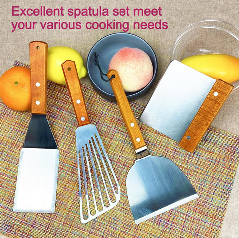 Spatula, Metal Spatulas Set, Stainless Steel Spatula, Fish Spatula Turner Cooking BBQ Grill Griddle Spatula, Metal Spatula for Cast Iron Skillet, Small Wide Kitchen Spatulas with Wood Handle