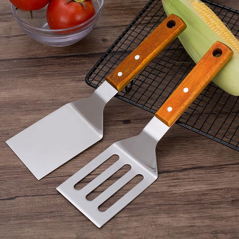 2 PCS Metal Spatula for Cast Iron Skillet, Stainless Steel Grill Spatula Slotted Turner Fish with Wood Handle Flat Top Griddle for Cooking BBQ