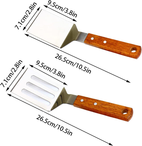 2 PCS Metal Spatula for Cast Iron Skillet, Stainless Steel Grill Spatula Slotted Turner Fish with Wood Handle Flat Top Griddle for Cooking BBQ