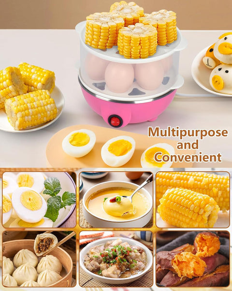Electric Egg Cooker 14 Egg Capacity Double Layer with Auto Shut-Off Timer 350W Multifunctional for Steaming Eggs Heating Milk Food White