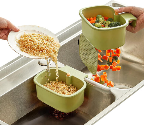 Green Multi-Functional Hanging Food Strainer for Sinks One Touch Release Screen Auto-Dump Kitchen Waste Filter Fruit Vegetable Washer
