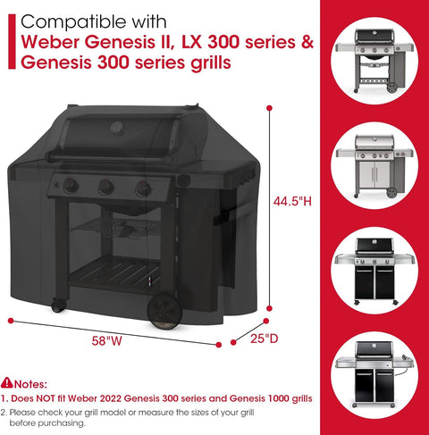 58 Inch Grill Cover for Weber Genesis II, LX 300 Series and Genesis 300 Series Gas Grills, Heavy Duty Waterproof Fade Resistant BBQ Cover, All Weather Protection, Compared to Weber 7130