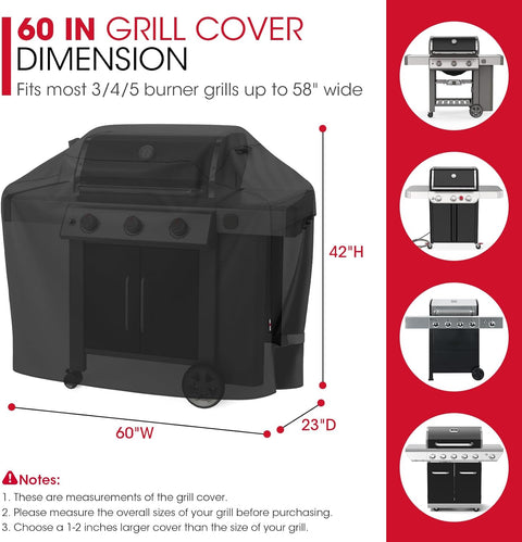 Grill Cover 60 Inch, Heavy Duty Waterproof Gas Grill Cover for Outside, Fade Resistant Outdoor Barbecue Protector, Compatible with Weber Char-Broil Nexgrill BBQs up to 58" Wide
