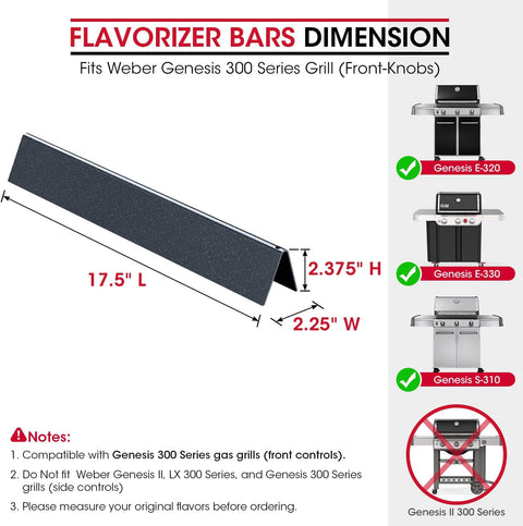 7620 Flavorizer Bars for Weber Genesis 300 Series, E-310 E-330 Grills with Front Control(2011-2016), 17.5 Inch Porcelain Steel Flavor Bars, Grill Burner Cover Replacement Parts