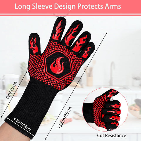 BBQ Fireproof Gloves, Grill Cut-Resistant Gloves 1472°F Heat Resistant Gloves, Non-Slip Silicone Oven Gloves, Kitchen Safe Cooking Gloves for Oven Mitts,Barbecue,Cooking, Frying, Red（2 Pairs）