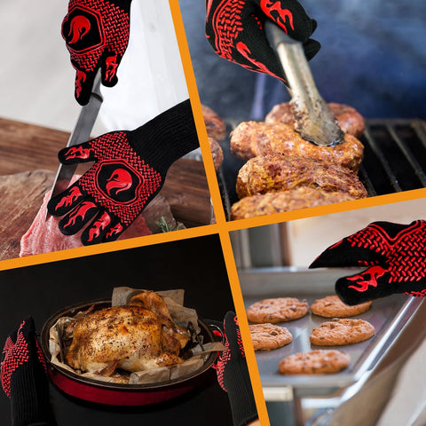 BBQ Fireproof Gloves, Grill Cut-Resistant Gloves 1472°F Heat Resistant Gloves, Non-Slip Silicone Oven Gloves, Kitchen Safe Cooking Gloves for Oven Mitts,Barbecue,Cooking, Frying, Red（2 Pairs）
