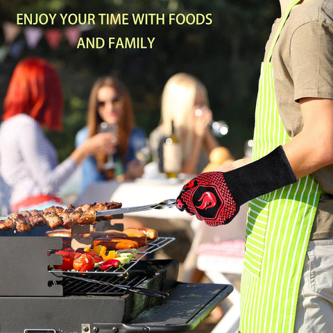 BBQ Fireproof Gloves, Grill Cut-Resistant Gloves 1472°F Heat Resistant Gloves, Non-Slip Silicone Oven Gloves, Kitchen Safe Cooking Gloves for Oven Mitts,Barbecue,Cooking, Frying, Red（2 Pairs）