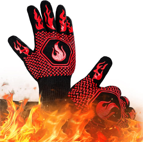 BBQ Fireproof Gloves, Grill Cut-Resistant Gloves 1472°F Heat Resistant Gloves, Non-Slip Silicone Oven Gloves, Kitchen Safe Cooking Gloves for Oven Mitts,Barbecue,Cooking, Frying, Red（2 Pairs）