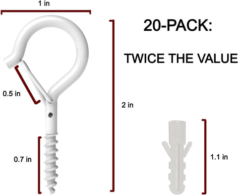 20 Pack Q Hanger Hooks with Safety Buckle, Rustproof Screw Hooks for Hanging String Lights, Bird Feeder, Plants, Wind Chimes & Holiday Decorations, Holds Up to 40 lbs（2.2" White Vinyl Coated ）