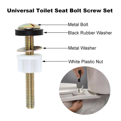 2 PCS Toilet Seat Screws Replacement Kit, Heavy Duty Toilet Seat Fastener with Plastic Nut and Metal and Rubber Washers, Universal Toilet Seat Bolt and Screw Set for Top Mount Toilet Seat Hinge