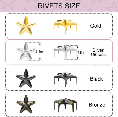 CooBigo 150Pack 10mm Studs for Clothing, Small Star Nailheads Rivets Metal Rivets Spike Stud Leather Claw Rivets for Clothing Belt Bag Shoes Cap Wrist Bracelet Pet Collars DIY Leathercraft (Sliver)