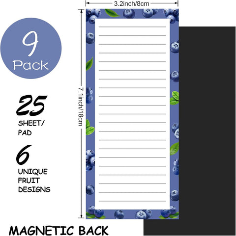 9 Pack Magnetic Notepads for Refrigerator, Magnetic Notepads for Refrigerator, Fruit Design Grocery List Pad for Fridge, Full Magnet Back Shopping Lists, 25 Sheets Per Note Pads