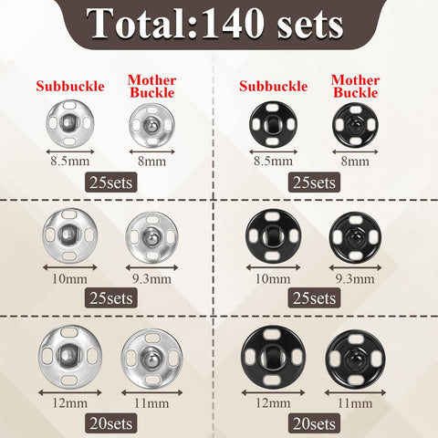 140 Sets Sew on Snaps for Clothing, Metal Snaps Fasteners Press Studs, Snap Buttons for Clothes Fabric Bag Bib Sweater Cardigan DIY Sewing Craft (8mm 10mm 12mm)