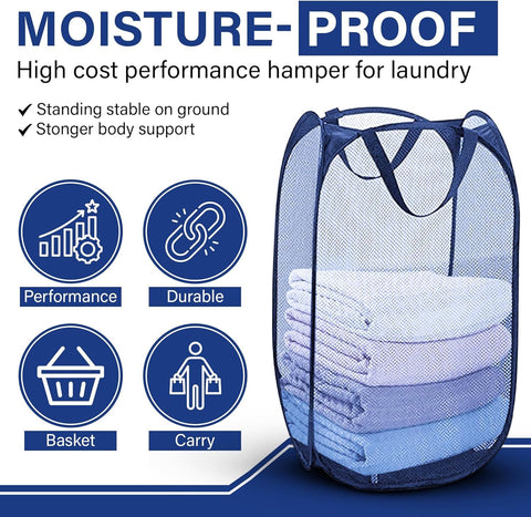 1 Pack Mesh Pop Up Laundry Hamper, Lightweight Foldable Clothes Basket with Easy Carry Handles, Durable Mesh Design for Air Circulation and Simple Storage, Navy (1 Pack)