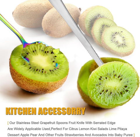 Grapefruit Spoons Serrated Edge Knife Stainless Steel Utensil Tool Dessert Spoon for Citrus Lemon Kiwi Salads Melon Lime Pitaya Apple Fruit Puree (Silver)