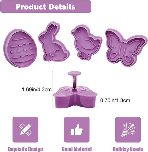 4Pcs Easter Cookie Cutters, Cartoon Easter Cookie Stamps, Cute Bunny Eggs Chick Butterfly Shapes Spring Biscuit Cutters Plastic Kitchen Tool for Fondant Cookie Baking Holiday Birthday Party Supplies