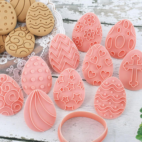 10 Pieces Easter Egg Cookie Cutters Easter Cookie Stamps 3D Plastic Embossing Mold Press Cookie Mould Set Baking Kitchen Tools for Holiday Birthday Party Biscuit Fondant Snacks Making