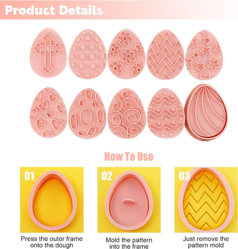10 Pieces Easter Egg Cookie Cutters Easter Cookie Stamps 3D Plastic Embossing Mold Press Cookie Mould Set Baking Kitchen Tools for Holiday Birthday Party Biscuit Fondant Snacks Making