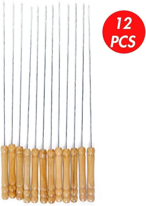 12 PCS Skewers for Grilling, Kabob Skewers with Wood Handle, Reusable BBQ Barbecue Sticks for Marshmallow, Hot Dog, Meat, Vegetable, Camping Cookware Grill Cooking, 11.7" (Including Handle)