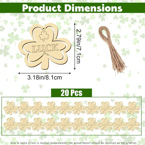 20Pcs Wooden Shamrock Ornaments to Paint, 3.2 Inch St. Patrick's Day Unfinished Wood Shamrock Cutouts, DIY Blank Luck Clover Shape Hanging Ornaments Ropes with for Crafts Tree Home Decor