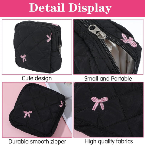 Portable Period Bags for Girls, Cute Bow Period Pouch for Pads Sanitary Napkins Small Tampons, Sanitary Napkin Storage Bag First Gifts for Girls (Black)