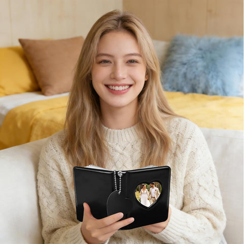 Mini Photo Album,3 Inch Photocard Book Heart Hollow Cover Photocard Binder 36 Pockets for Collect and Protect Photos (Black)