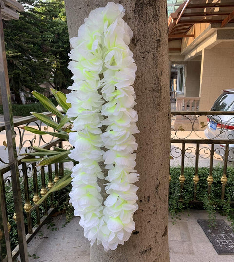 Yansanido 4 Pcs White Hawaiian Leis with Green Leaves for Graduation Party, Dance Party, Photo Prop in Outdoors (White)
