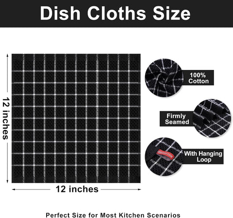 Homaxy 100% Cotton Dish Cloths, 6 Pack-12 X 12 Inches, Check Design Waffle Weave Dish Rags for Washing Dishes, Ultra Absorbent and Fast Drying Dishcloths, Black&White