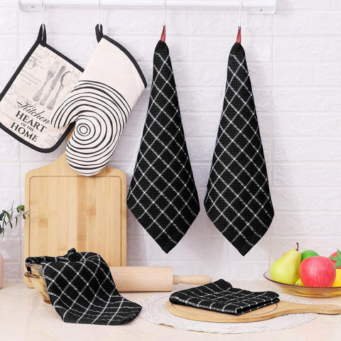 Homaxy 100% Cotton Dish Cloths, 6 Pack-12 X 12 Inches, Check Design Waffle Weave Dish Rags for Washing Dishes, Ultra Absorbent and Fast Drying Dishcloths, Black&White