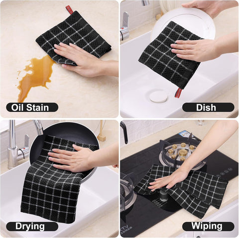 Homaxy 100% Cotton Dish Cloths, 6 Pack-12 X 12 Inches, Check Design Waffle Weave Dish Rags for Washing Dishes, Ultra Absorbent and Fast Drying Dishcloths, Black&White
