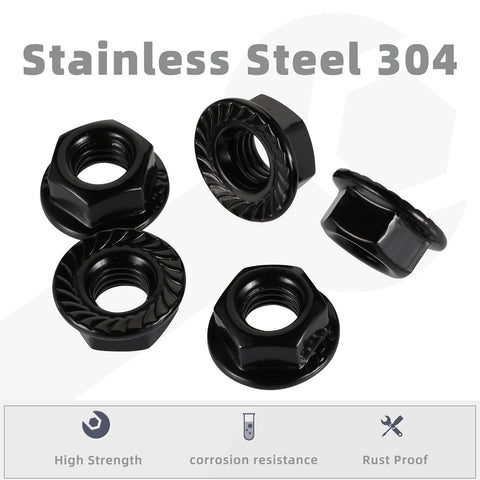 M10-1.5 Serrated Flange Hex Nuts Flanged Locknuts, 304 Stainless Steel 18-8, Black Finish, Pack of 25