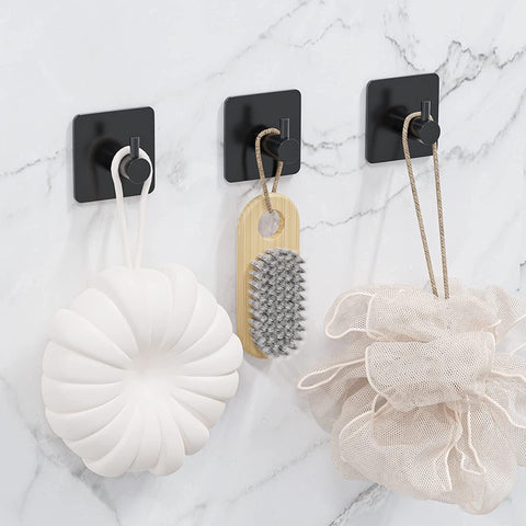 4 Pack Adhesive Hooks, Black Towel Hook for Bathrooms, Heavy Duty Stainless Steel Wall Hook, Waterproof Stick on Hook, Hooks for Hanging Robe, Key, Coat, Clothes