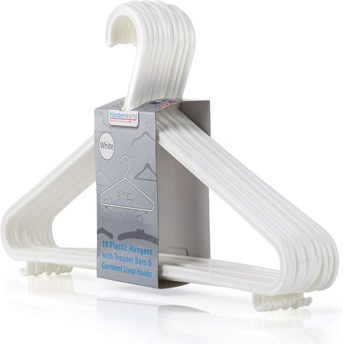 HANGERWORLD White Plastic Hangers 10 Pack - 14inch No Shoulder Bump, Slim Space-Saving Hanger