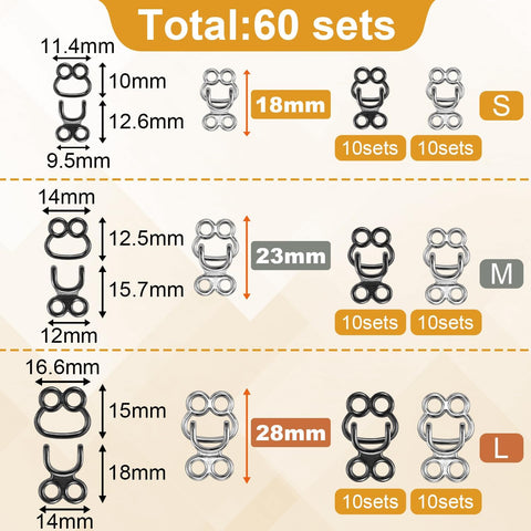 60 Set Hooks and Eyes for Sewing, Clothing Hook Replacement Clasps, Hook and Eye Closures for Fur Coats Jackets Trousers Underwear Sewing DIY Craft
