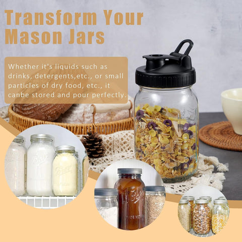 Pour Spout Lids for Ball Regular Mouth Mason Jars, Airtight Canning Jar Flip Cap Top Lid for Drinking, Salad, Dressing Pouring, Leak-Proof, Black Pack of 4