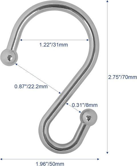 Metal Shower Curtain Hooks, Set of 12, Rt Proof Shower Curtain Hooks Rings, Durable S Shaped Hooks Hangers for Shower Curtains, Kitchen Utensils, Clothes, Towels (Chrome)