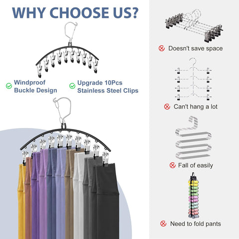 3 Pack Skirt Pants Hangers with Clips, Legging Organizer for Closet Hanging with 10 Cilps Holds 30 Leggings/Shorts/Jeans/Skirts Pants Hangers Space Saving Closet Organizers and Storage, Black