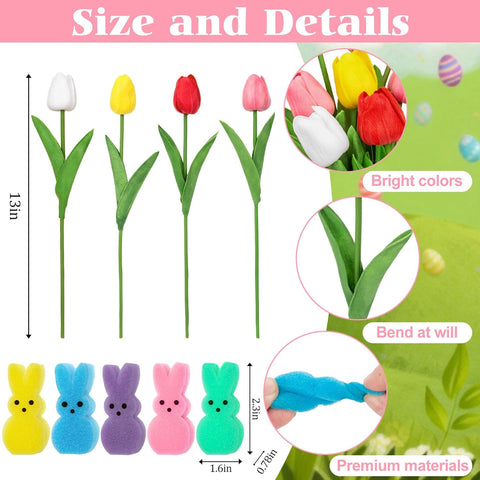 75Pcs Easter Decorations Set with 15Pcs Artificial Tulips and 60Pcs Sponge Bunnies Peeps Vase Filler, Spring Decorations for Home Indoor Decor Table Centerpiece Easter Gifts(Vase Not Included)