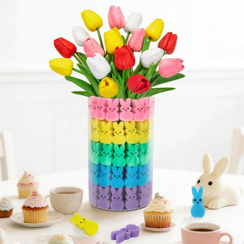 75Pcs Easter Decorations Set with 15Pcs Artificial Tulips and 60Pcs Sponge Bunnies Peeps Vase Filler, Spring Decorations for Home Indoor Decor Table Centerpiece Easter Gifts(Vase Not Included)
