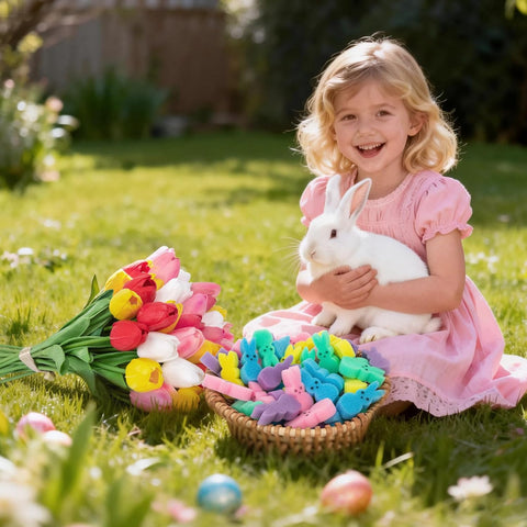 75Pcs Easter Decorations Set with 15Pcs Artificial Tulips and 60Pcs Sponge Bunnies Peeps Vase Filler, Spring Decorations for Home Indoor Decor Table Centerpiece Easter Gifts(Vase Not Included)