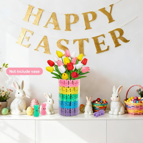 75Pcs Easter Decorations Set with 15Pcs Artificial Tulips and 60Pcs Sponge Bunnies Peeps Vase Filler, Spring Decorations for Home Indoor Decor Table Centerpiece Easter Gifts(Vase Not Included)