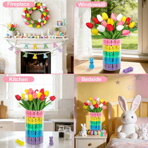 75Pcs Easter Decorations Set with 15Pcs Artificial Tulips and 60Pcs Sponge Bunnies Peeps Vase Filler, Spring Decorations for Home Indoor Decor Table Centerpiece Easter Gifts(Vase Not Included)