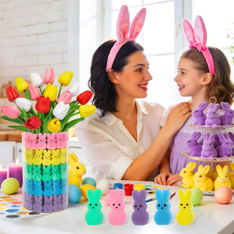 75Pcs Easter Decorations Set with 15Pcs Artificial Tulips and 60Pcs Sponge Bunnies Peeps Vase Filler, Spring Decorations for Home Indoor Decor Table Centerpiece Easter Gifts(Vase Not Included)