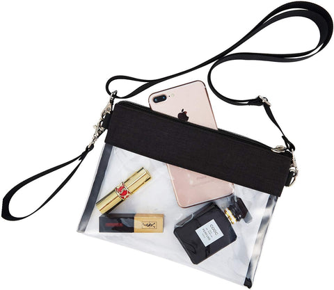 Clear Crossbody Purse Bag - Stadium Approved Clear Tote Bag with Adjtable Shoulder Strap (Black)