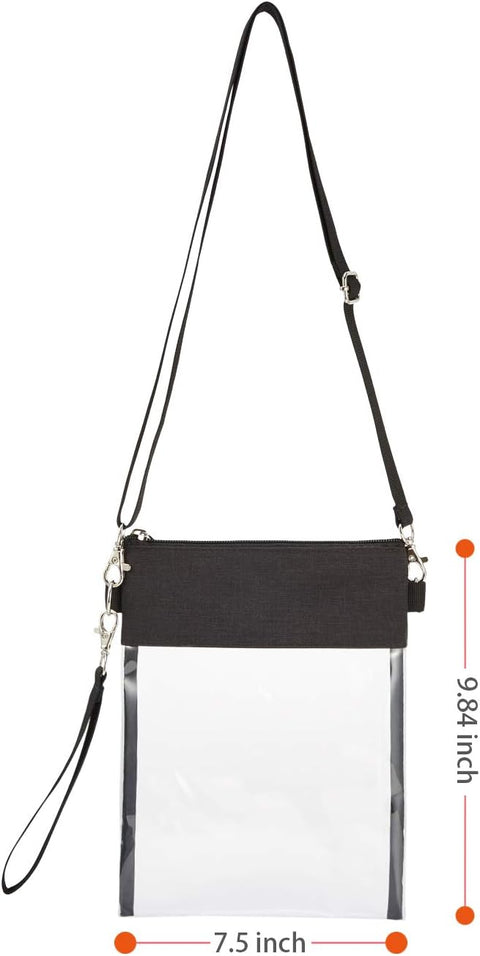Clear Crossbody Purse Bag - Stadium Approved Clear Tote Bag with Adjtable Shoulder Strap (Black)