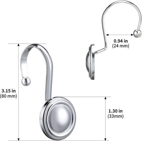 Silver Shower Curtain Hooks,  Chrome Decorative Shower Curtain Hooks for Bathroom, Rt Proof Shower Curtain Rings Hangers for Shower Curtain Rod,Set of 12 Metal Glossy Round Design