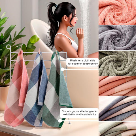 6 Pack 100% Cotton Washcloths, Dual-Sided Design (Terry + Gauze) Facecloths, 13x13 Inch Ginghqm Washrags, Soft & Skin-Friendly, for Bathroom, Kitchen & Hoehold (Green, 13x13 Inches)