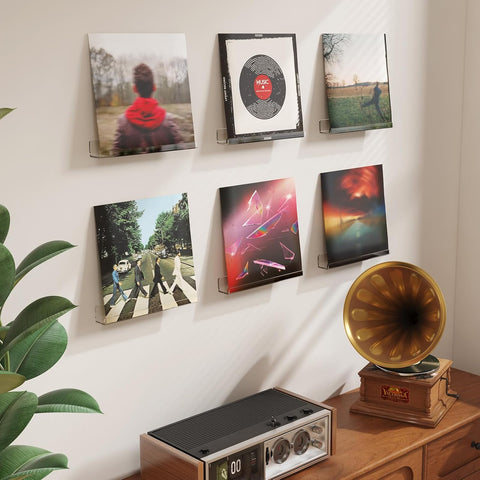 Narrow Floating Shelves for Vinyl Record 6 Pack, 12" Clear Wall Shelves for Nail Polish/Book/Picture/Makeup, Acrylic Wall Display Shelf Organizer for Bedroom, Living Room, Bathroom Decor
