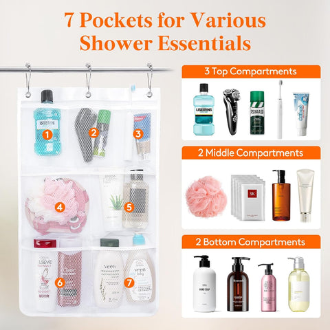 Cruise Essentials Shower Caddy Mt-Have, 7 Pockets Hanging Bathroom Organizer with Quick-Dry Mesh, Portable Shower Bag to Storage Soap, Shampoo, for RVing, Travel, Camping, White, 2 Packs
